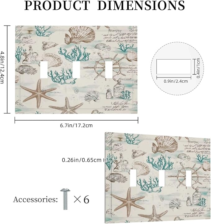 Mid Century Seashells Starfish Compass Decorative Switch Plates 3 Gang Wall Plate Triple Toggle Light Switch Cover Faceplate Electrical Wall Panels For Nursery Kids Room Decor