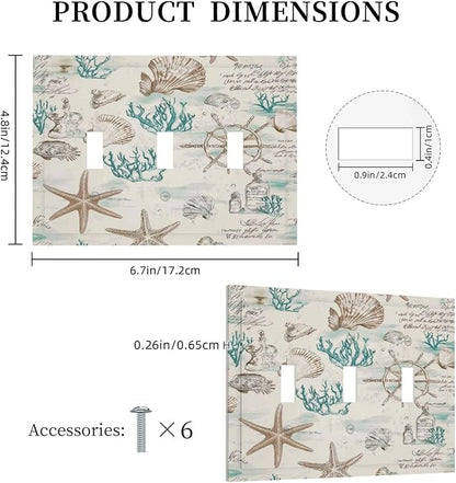 Mid Century Seashells Starfish Compass Decorative Switch Plates 3 Gang Wall Plate Triple Toggle Light Switch Cover Faceplate Electrical Wall Panels For Nursery Kids Room Decor
