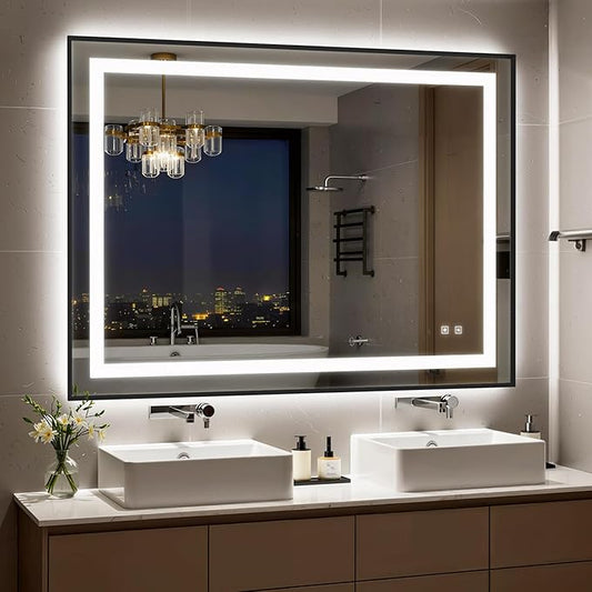48X36 Inch LED Bathroom Mirror with Lights, Black Frame Frontlit+ Backlit Bathroom Vanity Mirror for Wall, Ultra-Clear Tempered Glass, Shatter-Proof, Anti-Fog and Memory Function, ETL Listed