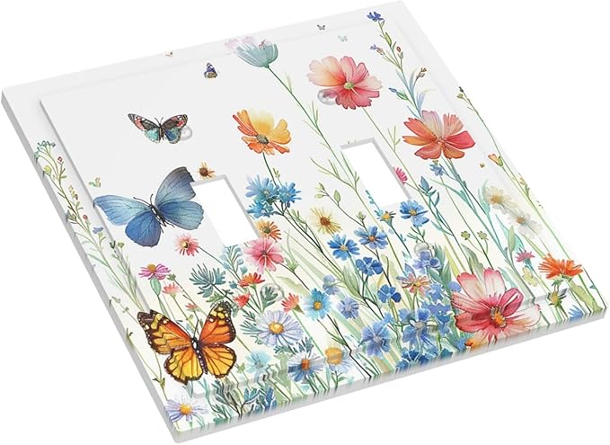 Decorative Light Switch Cover Plate Rustic Wildflower Blue Pink Floral Butterfly 2 Gang Outlet Covers Double Toggle Wall Plates for Electrical Outlets Switch Plate Covers for Home Decor