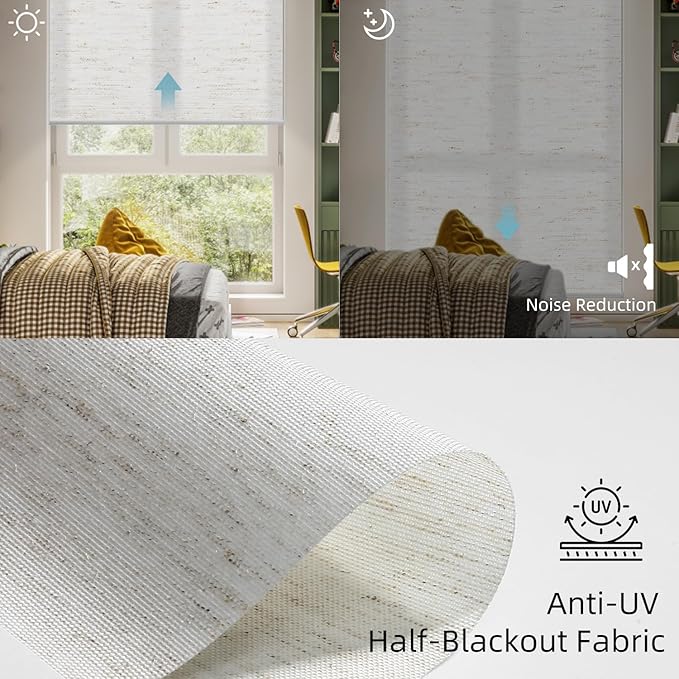 SmartWings Motorized Light Filtering Shades, Work with Matter Thread Z-wave Alexa Google, 70% Blackout Shades Translucent Cordless Window Shade with Remote Rechargeable Up 110"W x 148"H, Linen White
