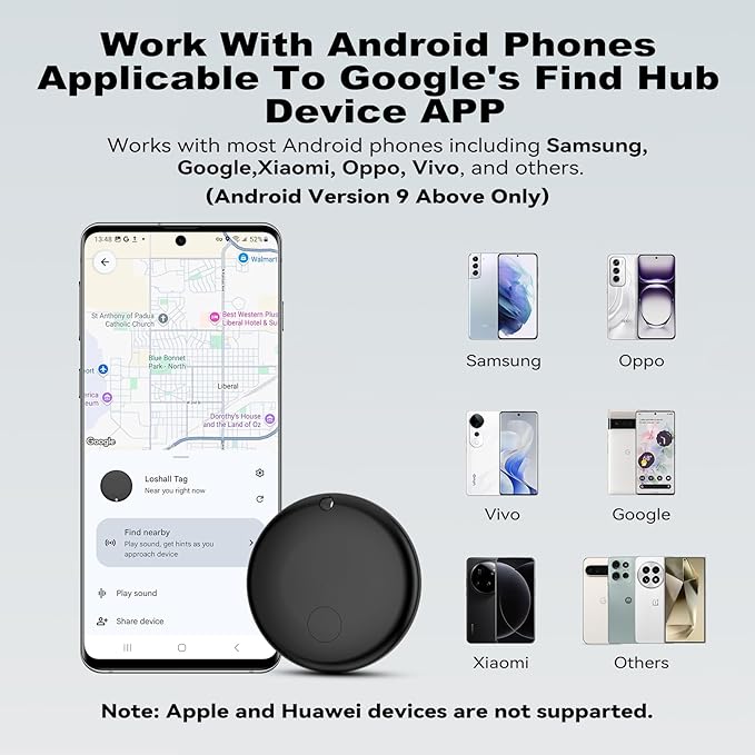 Smart Air Tag Tracker for Android, Google Android Tag Tracker Work with Google Find My Device (Find Hub), Key Finder/Luggage Tracker/Item Locator, 1 Pack Black