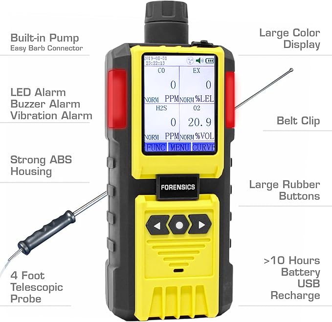 4 Gas Monitor by Forensics | Built-in Pump Multi Gas Meter | O2, CO, H2S, LEL | Color Display & Graphing | USA NIST Calibration | Computer Data Logging |