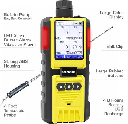 4 Gas Monitor by Forensics | Built-in Pump Multi Gas Meter | O2, CO, H2S, LEL | Color Display & Graphing | USA NIST Calibration | Computer Data Logging |