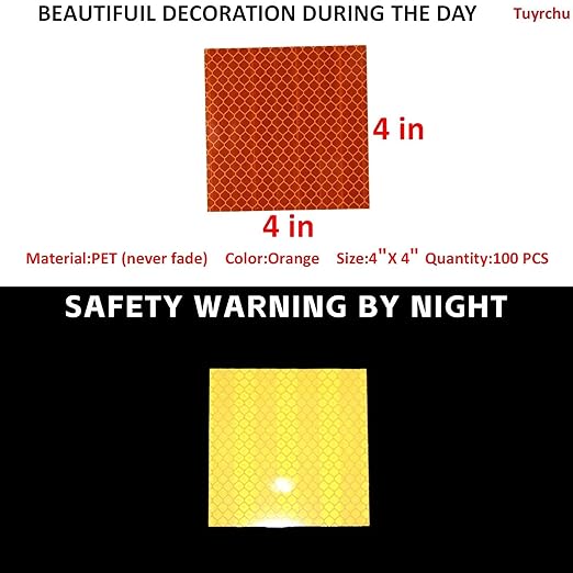 Non Fading Orange Reflective Stickers 4 inch X 4 inch, Outdoor Waterproof High Visibility Warning Safety Adhesive Reflector Tape (50 Pcs)