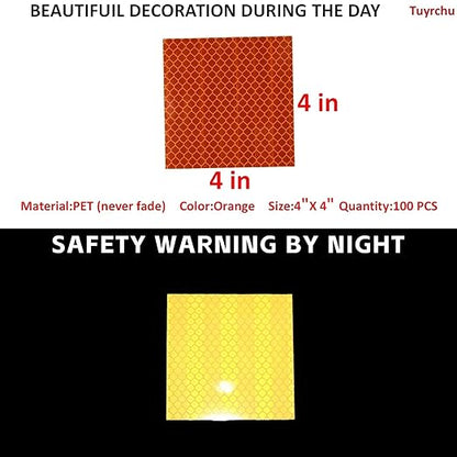 Non Fading Orange Reflective Stickers 4 inch X 4 inch, Outdoor Waterproof High Visibility Warning Safety Adhesive Reflector Tape (50 Pcs)
