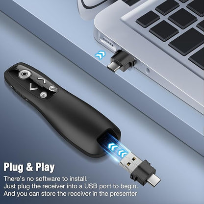 All-in-One Wireless Presentation Clicker with Red Light & Volume Remote Control- USB&Type-C PPT Remote Compatible with Mac/Windows/Laptop/Computer - Ideal for Powerpoint, Business, Classroom