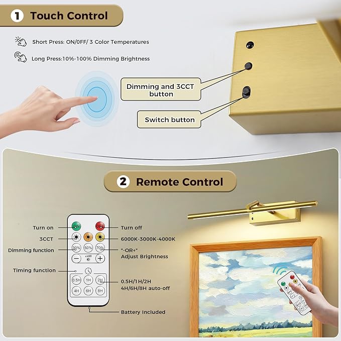 Joosenlux modern brass picture light - 16in rechargeable wireless wall lights with Remote, adjustable Swing Arm, dimmable 3cct battery operated lamp for art Display, photo gallery canvas and paintings