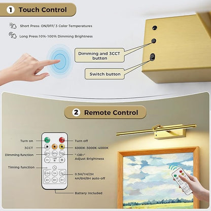 Joosenlux modern brass picture light - 16in rechargeable wireless wall lights with Remote, adjustable Swing Arm, dimmable 3cct battery operated lamp for art Display, photo gallery canvas and paintings