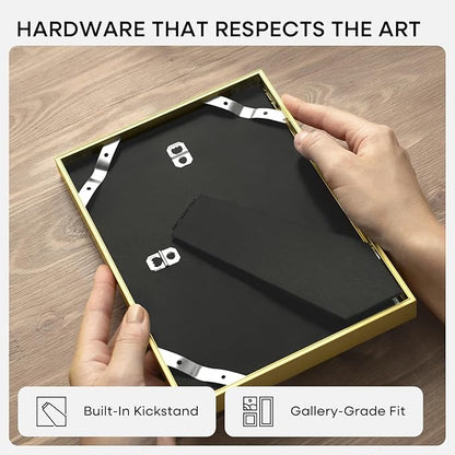 Homeforia 9x12 Gold Frame, High End Metal 9 x 12 Picture Frames with Mat 7 by 10 inch Photo, 9by12 Thin Poster Frame Matted to 7x10 Art, 12x9 Wall or Tabletop Frame, Tempered Glass, Wall Kit, Set of 4