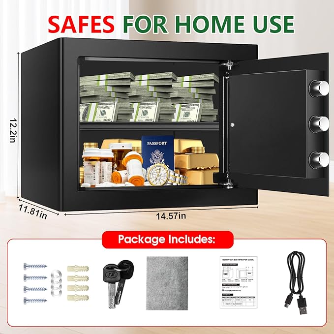 Small Fire Safe Box for Home, 1.7 Cubic Feet Fireproof Lock Box with Digital Keypad, Spare Keys and Removable Shelf, Personal Home Safes for Money, Jewelry, ID Documents, Christmas Gifts