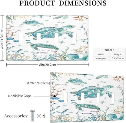 Sea Turtle Ocean Starfish Fish Coral Pearl Light Switch Covers Quad Toggle Electrical Faceplate 4 Gang Wall Plate Decorative Switch Plates for Bathroom Kids Room Decor