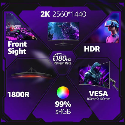 Gawfolk 32 Inch Curved Gaming Monitor, 180Hz 1500R QHD (2560x1440) 2K Computer Monitor with FreeSync, DisplayPort, HDMI, Wall Mountable, Eye Care for Home Office & Gaming
