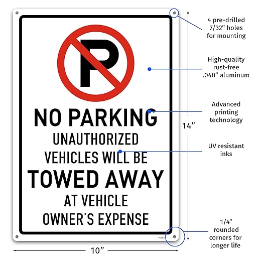 Brimar 12"x18" No Parking Vehicles Towed Away Sign - Aluminum, Weatherproof, Bold Red Lettering, Essential Warning for Vehicle Owners.