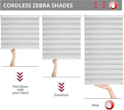 ShadesU Cordless Zebra Blinds for Windows, 22" W x 72" H, White, Dual Layer Free-Stop Zebra Shades, Light Control for Day and Night, Sheer Blinds for Indoor Windows, Bedroom, Kitchen