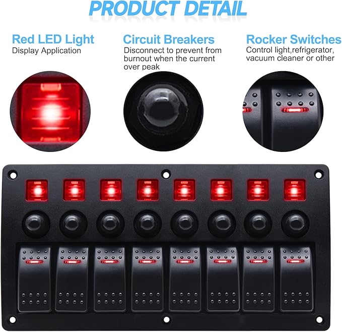 Geloo 8 Gang Marine Rocker Switch Panel, Boat Switch Panel Waterproof, 12V Switch Panel with Red LED Light, Aluminum Switch Panel for Car RV Truck with 5A 10A 15A Circuit Breaker