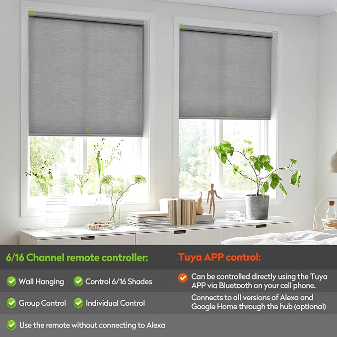 ZSTARR Motorized Light Filtering Roller Blinds with Remote Control,Rechargeable Smart Window Shades Compatible with Alexa Google via Hub,Fabric Wrapped Valance, Custom Size (Light Gray)