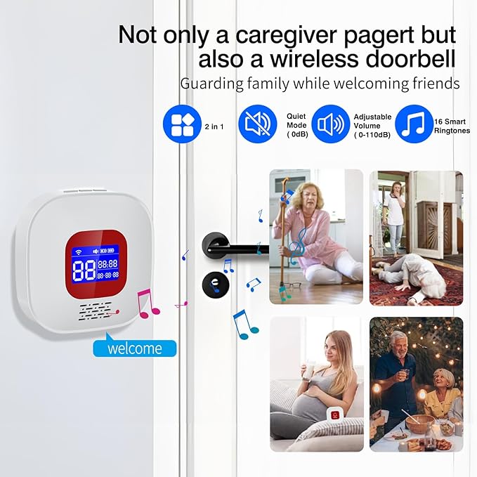 eMylo Caregiver Pager Wireless Call Buttons,Smart Monitoring System Call Bell,Emergency Button for Elderly Senior Compatible with Tuya/Smart Life(1 Receiver + 2 Panic Emergency Buttons)