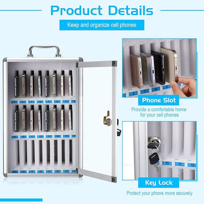 Amylove 24 Slots Cell Phone Locker Cabinet Aluminum Alloy Pocket Chart Storage Locker Box Cabinet Wall-Mounted Cell Phones Storage Box with Handle for Office Classroom Gym (White)