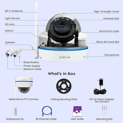 xmartO [AI Tracking Ceiling CAM] 2K HD Metal Dome PTZ Wireless Security Camera with Automatic-Follow, 2-Way Audio and Night Vision (Add on to NVR or Use Standalone, DPK3034)