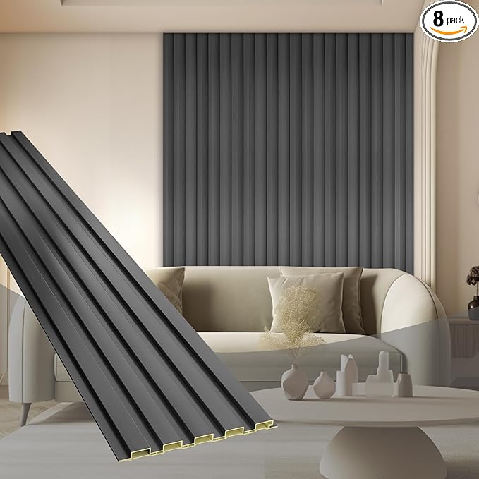 OUZUGIE WPC Acoustic Slat Wall Paneling, 8-Pack 96 x 6 Inches 3D Wall Panels for Interior Wall Decor,Living Room,TV Background,Study Room,Office Spaces,Bedroom,Low Grille (Metallic Dark Gray)