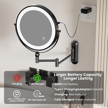Rocollos 9-Inch Large Makeup Mirror with 30X Magnification, Rechargeable Wall Mounted Vanity Mirror with Lights, 3 Color Dimmable LED, Touch Screen & Retractable Arm-Black (9INCH-Black)