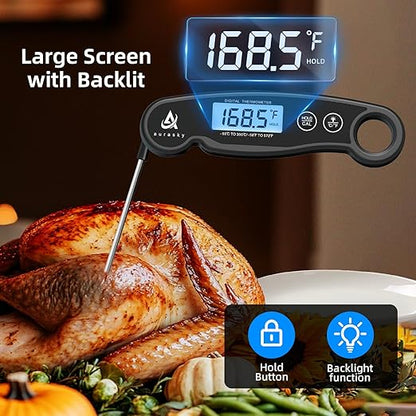 Aurasky Instant-Read Meat Thermometer Digital for Cooking and Grilling, Waterproof Food Thermometer with Backlight, Calibration & Hold Function for Kitchen, BBQ, Deep Fry, Candy, Liquid (Black)