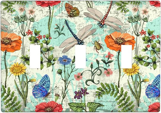 Dragonflies Flowers Butterfly 3 Gang Triple Toggle Outlet Light Switch Cover Decorative Wall Plate Cover For Home Living Bedroom Kitchen Decorative