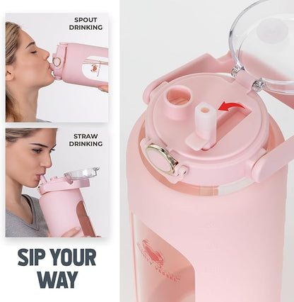 64 oz Glass Water Bottle – Pink | Half Gallon Borosilicate Bottle with Straw, Silicone Sleeve, Time Marker – Cute Leakproof Water Jug for Women, Gym, Travel