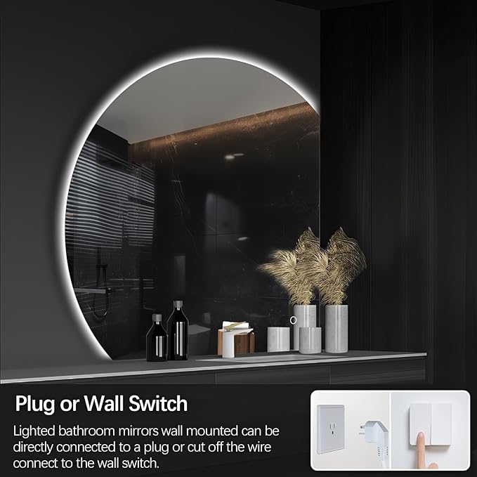 Niccy Half Moon LED Mirror for Bathroom, 36" Semi Backlit Mirrors Frameless Makeup Mirror with Light, Anti-Fog, Shatter-Proof, 3 Colors, Smart Vanity Mirrors