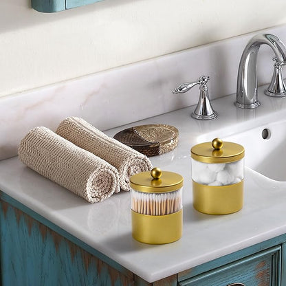 Gaussra Gold Qtip Holder, Apothecary Jars - Stainless Steel Bathroom Jar with Stickers - Farmhouse Decor Qtip Dispenser for Qtips, Cotton Balls, Swabs, Makeup Sponges (2-Pack)