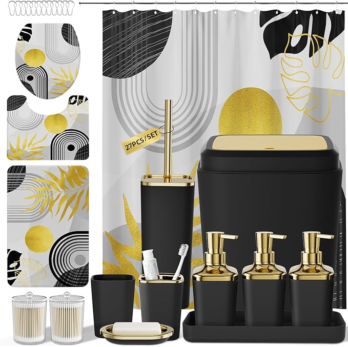 Bathroom Set - Bathroom Sets with Shower Curtain and Rugs, Bathroom Accessory Set, Black Bathroom Accessories Set with Trash Can, Toilet Brush and Soap Dispensers