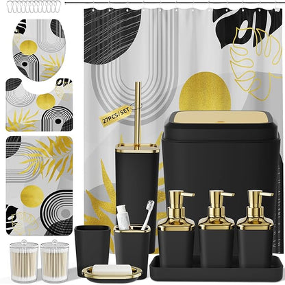 Bathroom Set - Bathroom Sets with Shower Curtain and Rugs, Bathroom Accessory Set, Black Bathroom Accessories Set with Trash Can, Toilet Brush and Soap Dispensers