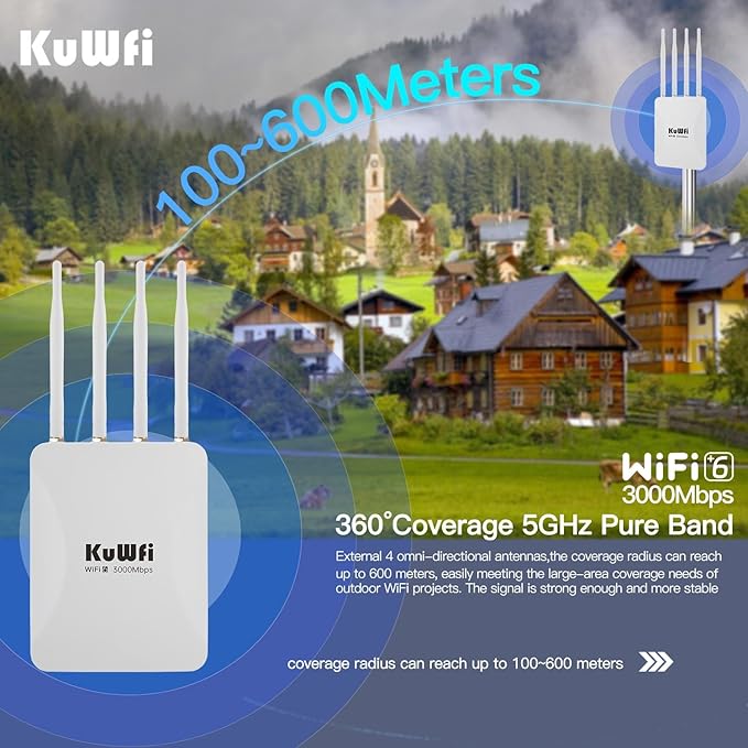 KuWFi AX3000 WiFi 6 Outdoor Access Point Repeater, Long Range Extender 100-300Meter Dual Band Gigabit, IP65 Waterproof, PoE Powered, Supports 256+ Devices for Business, Parties, Starlink