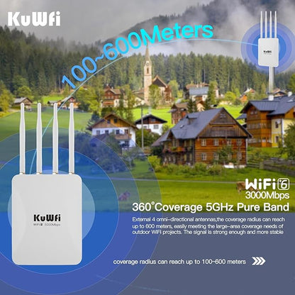 KuWFi AX3000 WiFi 6 Outdoor Access Point Repeater, Long Range Extender 100-300Meter Dual Band Gigabit, IP65 Waterproof, PoE Powered, Supports 256+ Devices for Business, Parties, Starlink