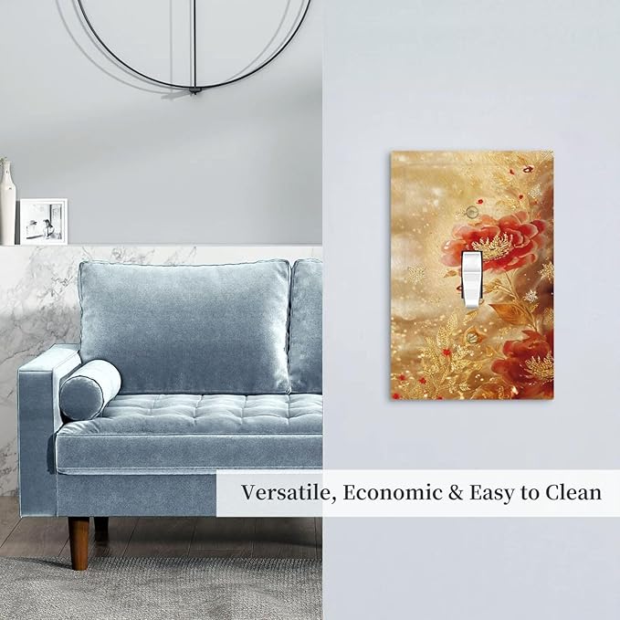 Decorative Light Switch Cover Plate Golden Leaf Red Peony Flowers Floral 1 Gang Wall Plate Oversized Single Toggle Wall Cover Plate Jumbo Electrical Switchplate Faceplate