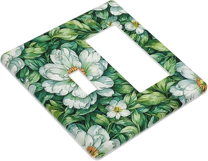 Vintage Floral White Flowers Green Plants Leaves Outlet Covers 1 Toggle 1 Rocker Combination Light Switch Cover Plate Decorative Wall Plate Electrical Switch Plates for Bedroom Bathroom