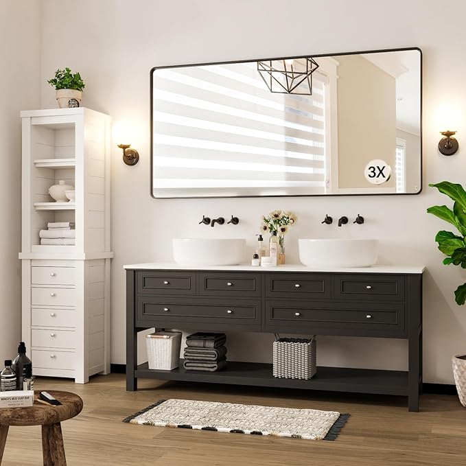 72X36 Inch Black Metal Framed Bathroom Mirror for Wall, Rounded Rectangle Mirror, Matte Black Bathroom Vanity Mirror, Environmentally Friendly Resin Mirror, Anti-Rust
