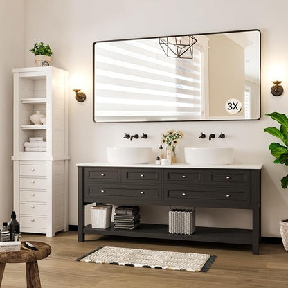 72X36 Inch Black Metal Framed Bathroom Mirror for Wall, Rounded Rectangle Mirror, Matte Black Bathroom Vanity Mirror, Environmentally Friendly Resin Mirror, Anti-Rust