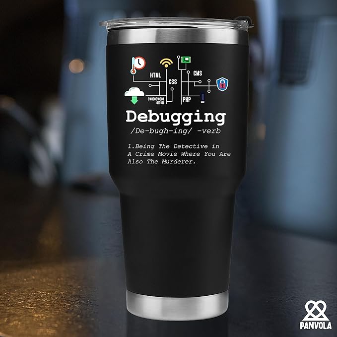 Panvola Debugging Definition Computer Programmer Gifts Student Teacher Coder Boyfriend Girlfriend IT Vacuum Insulated Tumbler Tech Support Travel Mug Stainless Steel With Straw Removable Lid (30 oz)