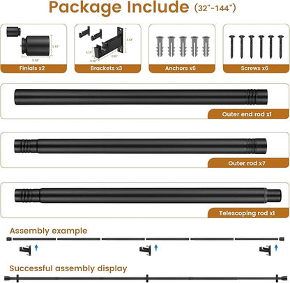 Black Aluminium Curtain Rods for Windows,1 Inch Adjustable Curtain Rod 72-144,Heavy Duty Drapery Rods with Thicken Bracket,Decorative Modern Single Rod with Aluminium Finials