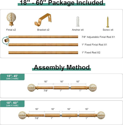 Boho Wood Curtain Rods for Windows 28 to 48 inch,1" Adjustable Heavy Duty Window Curtain Rod with Imitation Wood Grain Finials,Rustic Decorative Drapery Rods Set,Size:18-60'',Maple Wood