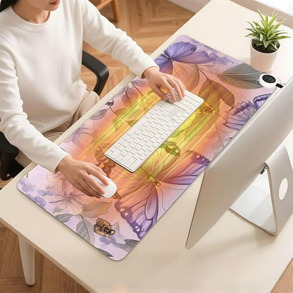 Heated Desk Pad Mouse Pad 31.5x13 Inch PU Leather Desk Mat with 3 Heat Levels Large Mouse Gaming Computer Laptop Mat Floral Purple Butterflies Bees