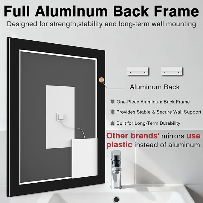 40x32 LED Bathroom Mirrors for Wall -Black Aluminum Framed (Front and Backlit), Anti-Fog Vanity Mirror With Lights,Stepless Dimmable Lighted Mirror,3 Colors Smart Mirror(Horizontal/Vertical)