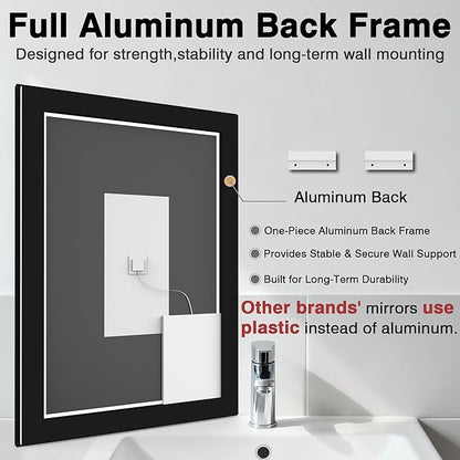 40x30 LED Lights Bathroom Mirror -Black Aluminum Rimmed(Front lit and Backlit),Anti-Fog Vanity Mirror with Lights,Stepless Dimmable Lighted Mirror,3 Colors Smart Mirror(Horizontal/Vertical)