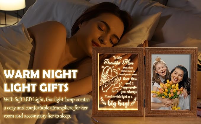 Tiblue Mother's Day Gift from Daughter Son, Mother Daughter Picture Frame & Acrylic Plaque with Night Light, Mother-in-Law Gifts from Daughter-in-Law New Mom Gifts for Women