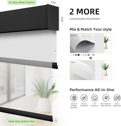 ZSTARR Motorized Day and Night Dual Smart Blind for Window with Valance Rechargeable Motor,Blackout Roller Shade Custom Size,with Valance Suitable for Home,Office (Full Blackout Black)