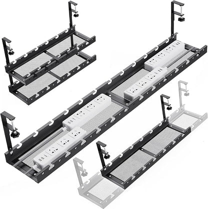 31Inch Extendable Under Desk Cable Management Tray Multi-Model Metal Cable Management Tray Under Desk Cord Management with Clamp Power Strip Cord Holder for Wire Cable Management