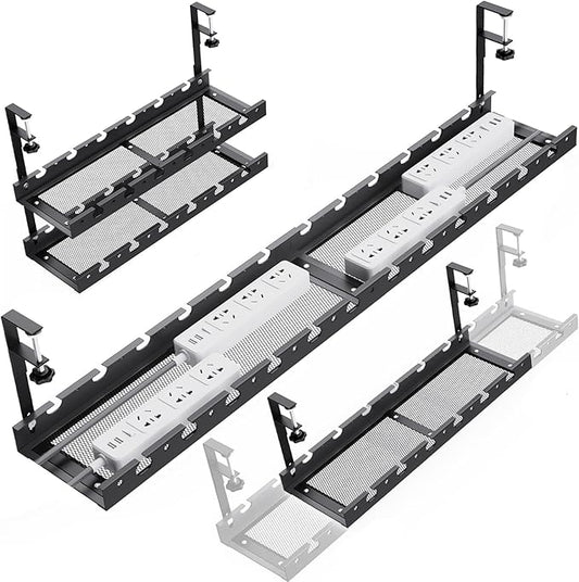 31Inch Extendable Under Desk Cable Management Tray Multi-Model Metal Cable Management Tray Under Desk Cord Management with Clamp Power Strip Cord Holder for Wire Cable Management