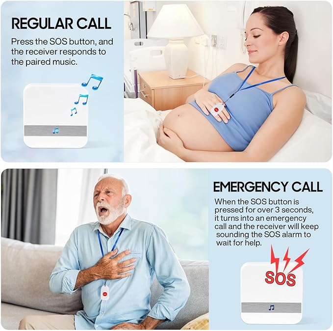 Caregiver Pagers Wireless Call Button for Elderly Patient Personal in Home Life Alert System for Seniors Range 260ft/80Menter,60 Ringtones (3 Call Buttons + 2 Receivers)